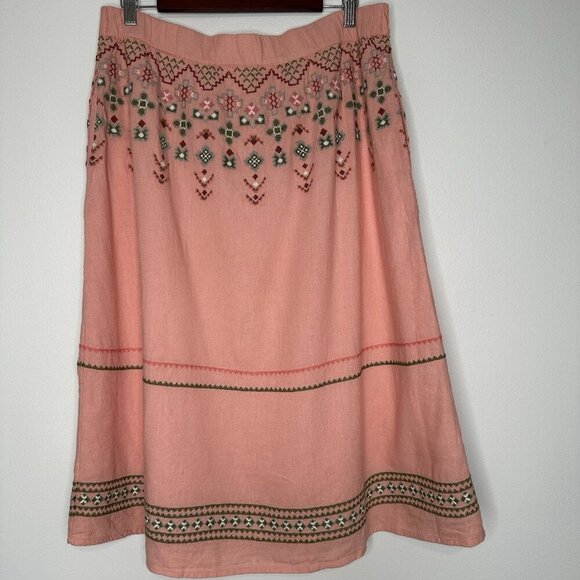 Denim & Co Canyon Retreat Oasis Midi Skirt Medium Linen Embroidered - Picture 2 of 10